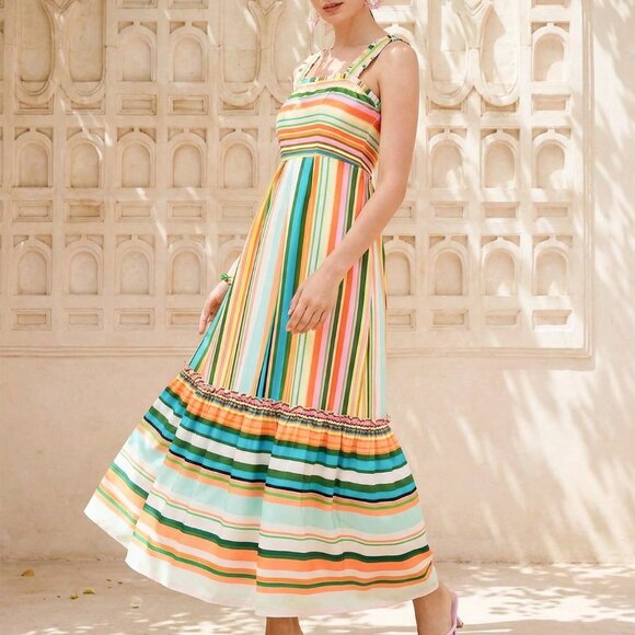 MODA ME COUTURE Dresses & Skirts - Pink Boho Women's Dress with Striped Floral Print, Square Neck, Ruched Straps